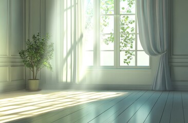 Fototapeta premium Sunlight Streams Through a Window Illuminating a Serene Indoor Space With Plants and a Calm Atmosphere in a Bright, Peaceful Setting