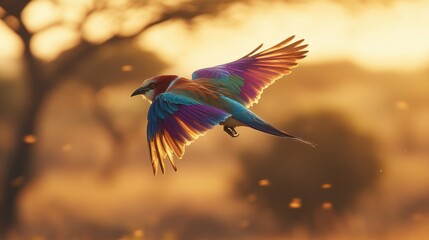 Obraz premium A lilac-breasted roller flying across a savanna, its multicolored plumage glowing in the golden sunlight.