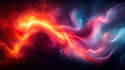 A swirling, abstract, iridescent form glows against a dark background, showcasing vibrant colors like red, orange, and turquoise, creating a mesmerizing visual experience