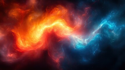 A swirling, abstract, iridescent form glows against a dark background, showcasing vibrant colors like red, orange, and turquoise, creating a mesmerizing visual experience