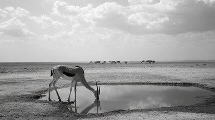 Naklejka premium A lone springbok drinking from a tranquil waterhole in Etosha National Park, with wide open spaces and distant wildlife in the background.