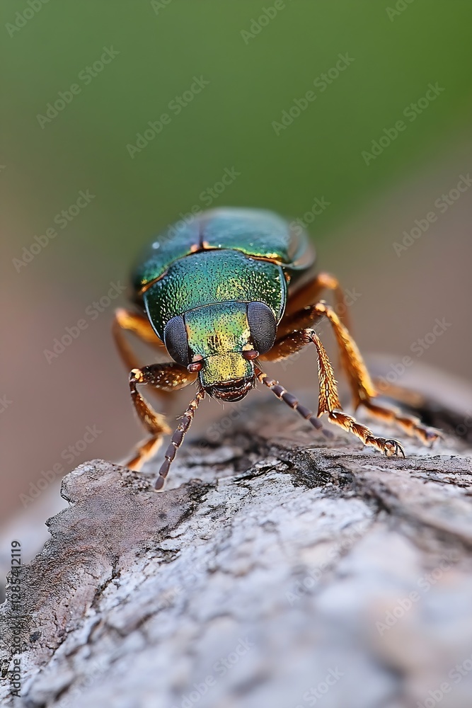 Poster close up of a colorful metallic beetle on tree bark showcasing nature's intricate detail : generativ