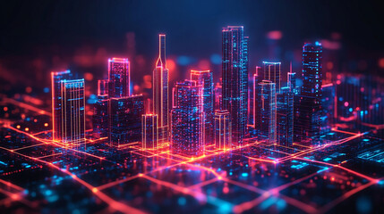 A futuristic neon hologram interface displays a conceptual blueprint for modern residential construction, symbolizing innovation, smart technology, and the future of urban architecture