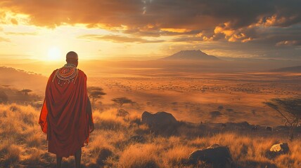 Obraz premium As the sun sets over the African savanna, Maasai warriors stand proudly, honoring their culture and connection to the land.