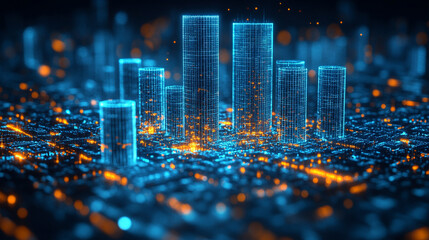 A futuristic neon hologram interface displays a conceptual blueprint for modern residential construction, symbolizing innovation, smart technology, and the future of urban architecture