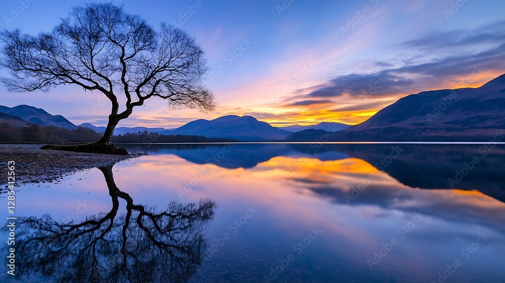 Aufkleber breathtaking sunset reflection on calm lake with leafless tree silhouette : generative ai