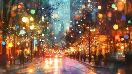 A magical Christmas Eve in the city, with snowy streets, bright trees, and soft, blurred lights in the background creating an abstract winter scene.