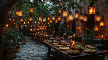 Lanterns hanging from trees in a courtyard