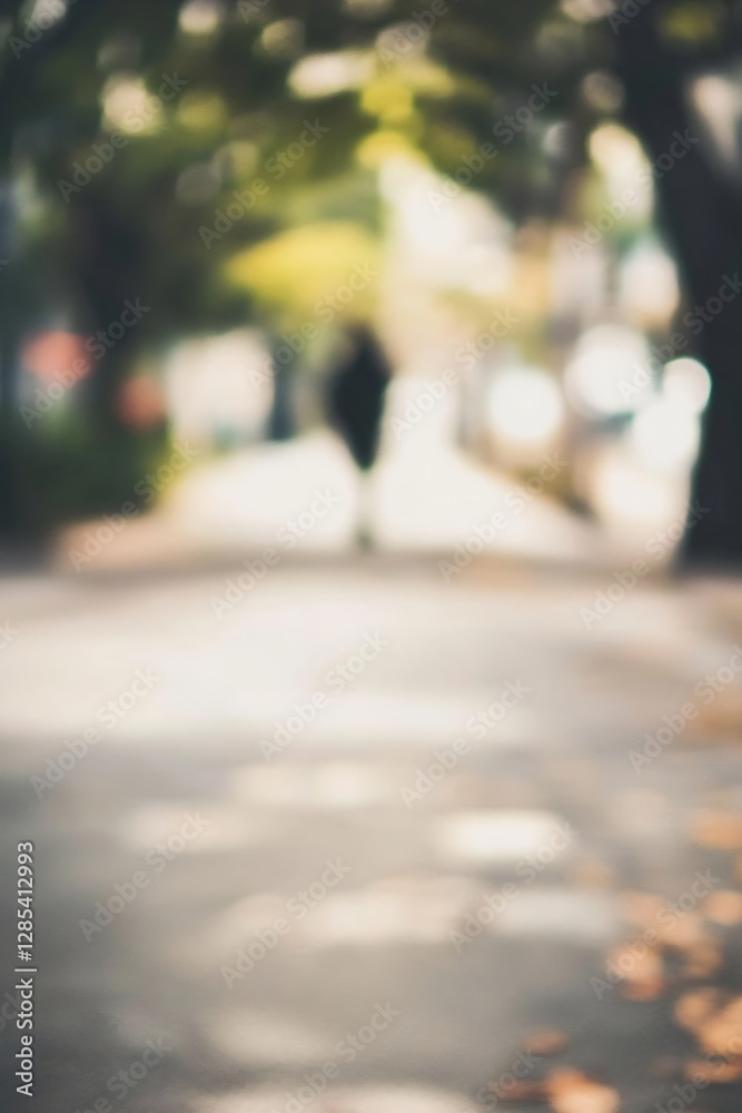 Aufkleber Blurred scene of a person walking on a pathway surrounded by trees and natural light : Generative AI