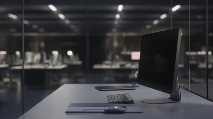 Modern minimalist workspace with computer, keyboard, mouse, and tablet on a desk in a dark, modern office.