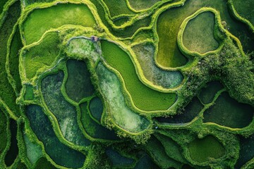 Fototapeta premium Exploring the intricate rice terraces and village of the Philippines from above, rice terrace with village in aerial view, Philippines