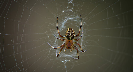 A patterned spider sits in the center of its intricate web, waiting patiently for its next meal, against a blurred, neutral background.