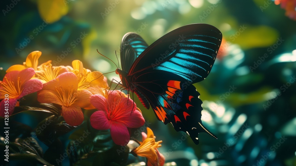 Aufkleber a vibrant macro shot of a colorful butterfly resting on a flower, highlighting its delicate wings an