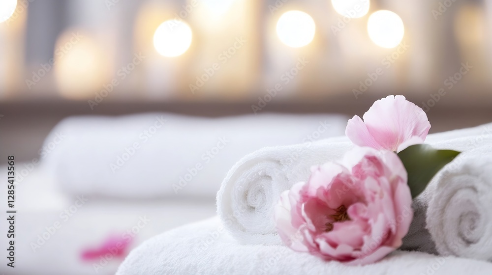 Poster relaxing spa setting with fresh white towels and pink flowers for a calm atmosphere : generative ai