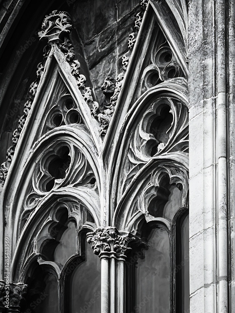 Poster intricate gothic style architecture of ornate window detailing in black and white : generative ai