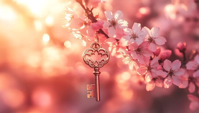 Gorgeous golden keys and locks with pink blossoms in the backdrop enticing eid ul fitar celebration