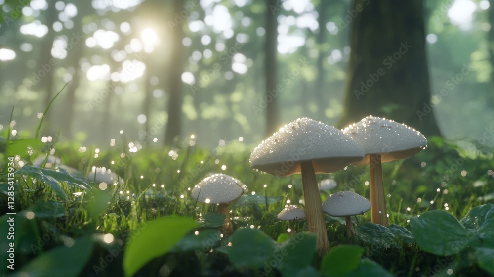 Poster a whimsical scene of mushrooms with sparkling dew in a misty forest, showcasing the magical atmosphe