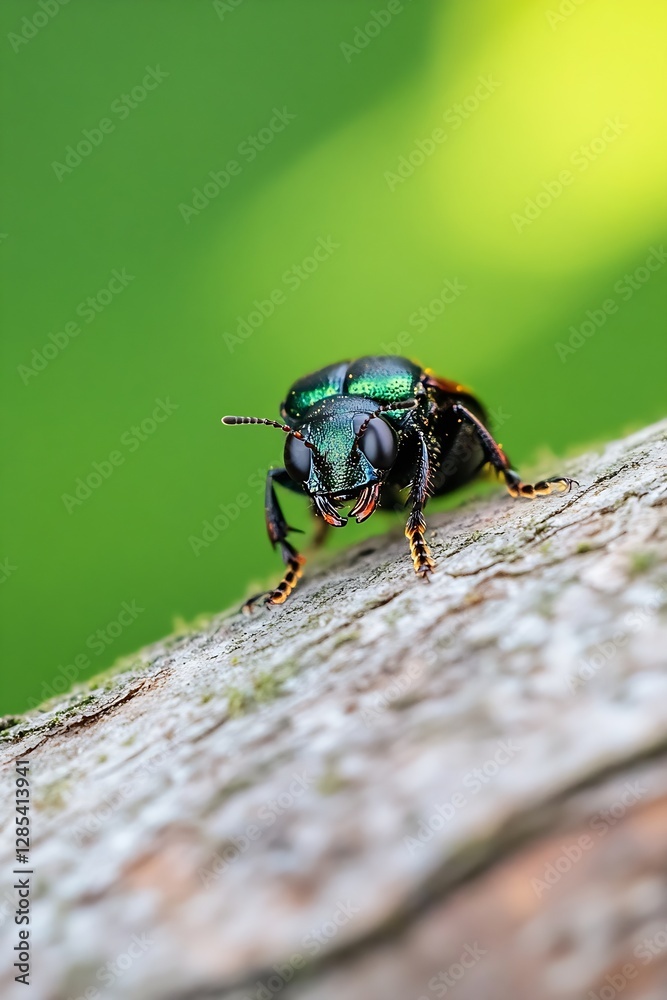 Poster close up detailed shot of a green metallic bee perched on a tree branch against a blurred green back