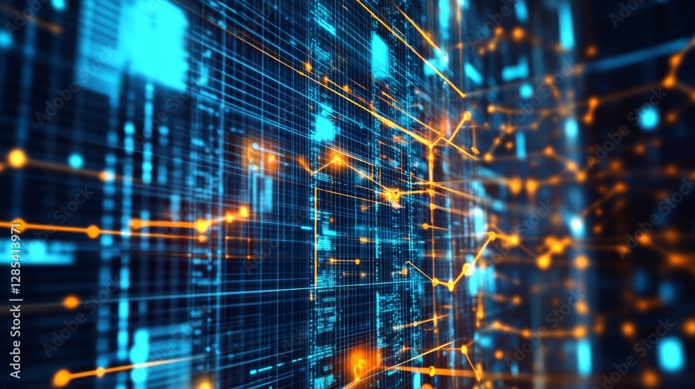 Poster a visually striking d graph with interconnected nodes and ascending lines, set in a digital space wi