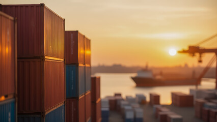 Sunset Over Dock With Stacked Shipping Containers and Cargo Ship In Background, Maritime Industry Scene, Port Operations, Transport Logistics