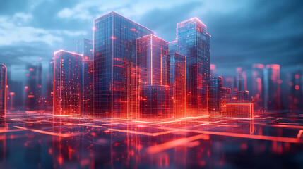 A futuristic neon hologram interface displays a conceptual blueprint for modern residential construction, symbolizing innovation, smart technology, and the future of urban architecture