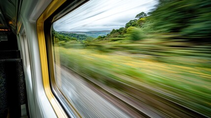 Train Window View of Blurred Landscape during Travel for Speed Concept