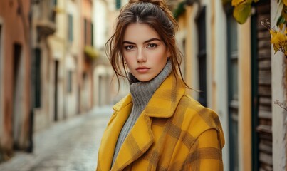 Fototapeta premium Woman in Stylish Outfit Explores Narrow Street in Historic European City During Bright Sunlight