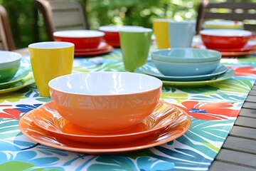 A set of bright, colorful melamine plates and bowls, perfect for outdoor dining, arranged on a picnic table.