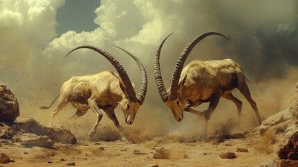 A pair of male Nubian ibexes locking horns in a dramatic display of strength on a desert plateau in Lebanon.