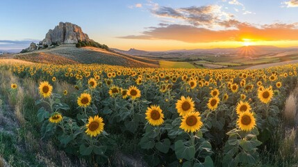 Fototapeta premium A panoramic view of the Lovers' Rock at sunrise, with its rugged beauty accentuated by an expansive sunflower field in Antequera.