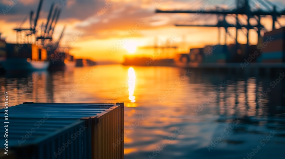 Poster vibrant sunset over harbor with cargo containers and reflective water surface in soft focus : genera