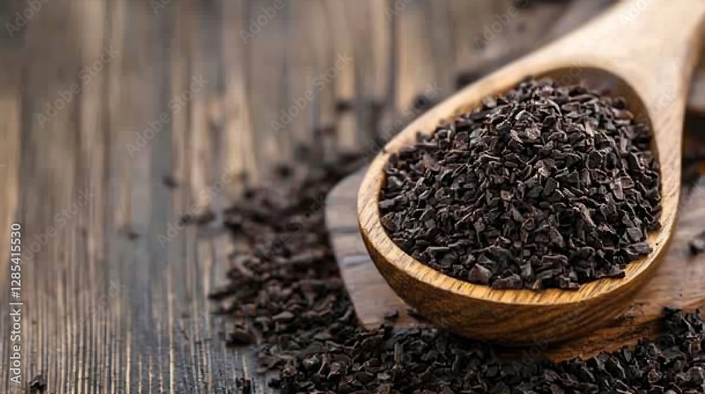 Poster close up of black cumin seeds in wooden spoon on rustic table : generative ai