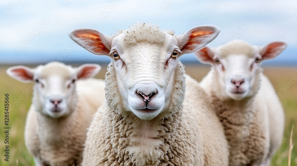 Poster Close Up of a Group of Sheep in a Green Field : Generative AI