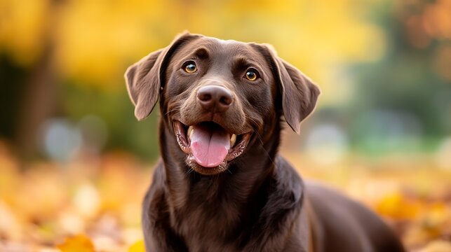 Happy chocolate Labrador retriever dog in autumn setting : Generative AI