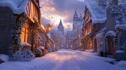 Fototapeta premium A peaceful snowy street in a quiet village at dusk, with warm, inviting light from windows, evoking a cozy, wintertime ambiance.