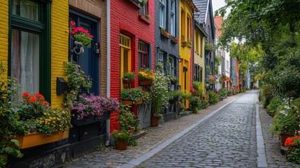 Fototapeta premium A picturesque cobblestone street lined with vibrant townhouses and flower boxes, evoking a charming European ambiance.