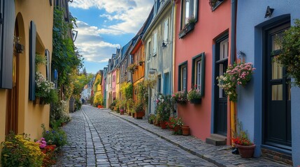 Obraz premium A picturesque cobblestone street lined with vibrant townhouses and flower boxes, evoking a charming European ambiance.