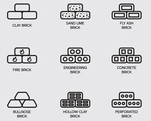 type of brick constuction material outline icon collection isolated on background
