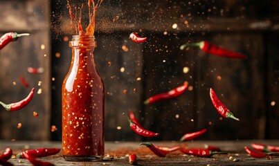Homemade hot sauce in bottle with chili peppers flying around. On rustic dark background