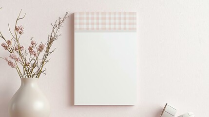 Minimalist workspace with a blank notebook, vase, and dried flowers on a light background.