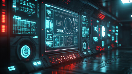 Futuristic abstract HUD interface with glowing holographic elements and data streams Symbolizing advanced technology artificial intelligence and digital innovation in a sci-fi virtual environment

