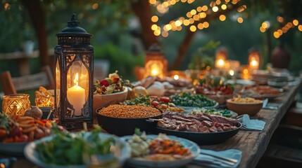 Fototapeta premium Traditional Ramadan dishes like lentil soup, grilled meats, and salads on a beautifully set table under the soft glow of lanterns