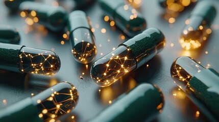 Shimmering Capsules with Light Effects on a Dark Background