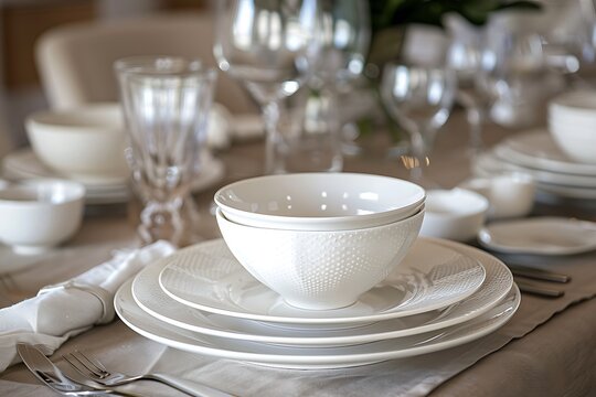A set of elegant, white bone china plates and bowls with a subtle embossed pattern, arranged on a dining table.