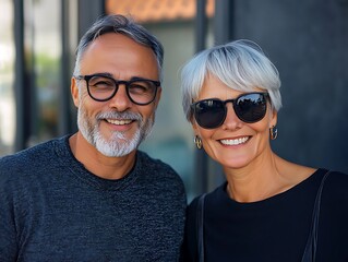 Middle aged couple with eyewear smiling at the camera