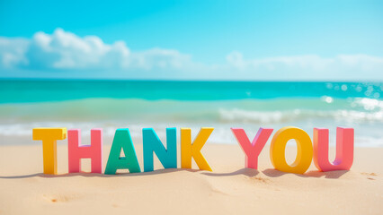 Colorful Thank You Letters on a Sandy Beach with Gentle Waves and Clear Blue Sky, Celebrating Gratitude and Appreciation in a Tropical Setting