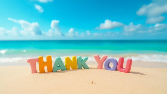 Colorful Letters Form "Thank You" on Sunny Beach with Beautiful Blue Ocean and Soft Clouds in Background for Appreciation and Gratitude Theme