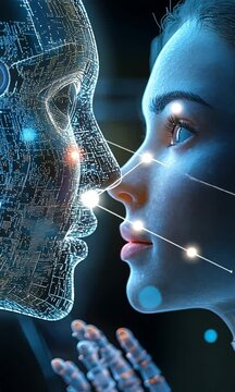 Futuristic interaction between human and AI in digital space