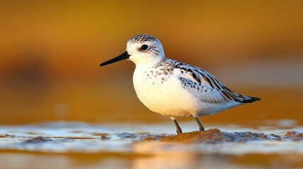 Obraz premium A sanderling Calidris alba wading through shallow water at sunset, its reflection shimmering in the golden hues of the tide.