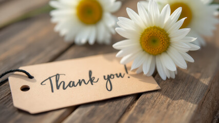 Naklejka premium Beautiful daisies and thank you tag on rustic wooden surface, perfect for expressing gratitude and appreciation in personal or professional settings